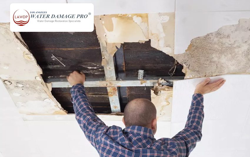 Expert repairing a ceiling damaged by water